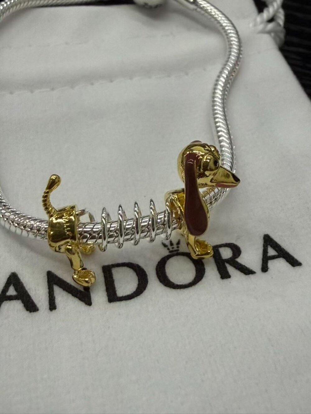 Pandora Silver Snake Chain Bracelet with Gold Dachshund Charm - Picture 2 of 6